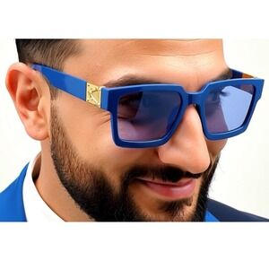 Men Square Sunglasses Fashion Designer Gold Accent Blue Frame Trendy Shades 2026